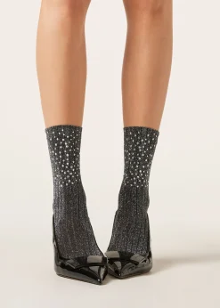 Calcetines Cortos Lycra Efecto Canalé Con Glitter Y Pedrería