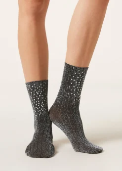 Calcetines Cortos Lycra Efecto Canalé Con Glitter Y Pedrería