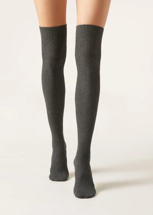 Calcetines Por Encima De La Rodilla Cashmere Con Canalé