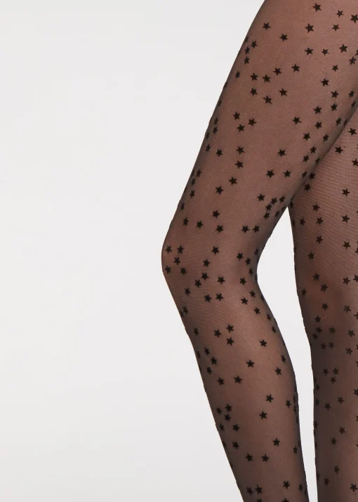 Pantis Transparentes 30 Deniers Con Estrellas Estampado Terciopelo