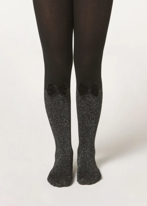 Panty Cashmere Efecto Calza Bicolor Con Lazo Y Glitter