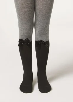 Panty Cashmere Efecto Calza Bicolor Con Lazo Y Glitter